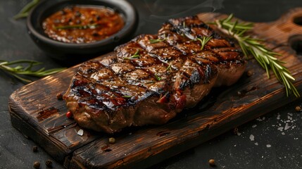 Grilled top sirloin or cup rump beef meat steak on a cutting board.