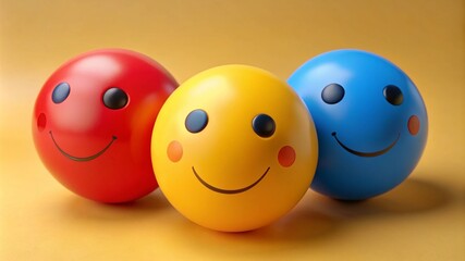 Three smiley face balls of different colors, one blue with an empty expression, another yellow smiling and the third red sad, on a plain orange background.