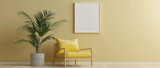 Relax in style with a luxurious pale yellow single sofa chr, pred with a delightful little plant, and a blank empty white frame on a serene, unembellished wall.