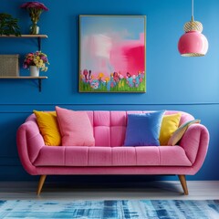 Pink sofa against blue wall with shelf. Colorful vibrant pop art mid-century style home interior design of modern living room, Generative AI