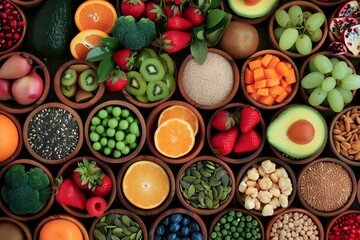 Colorful Assortment of Fresh Fruits, Vegetables, and Nuts in Wooden Bowls