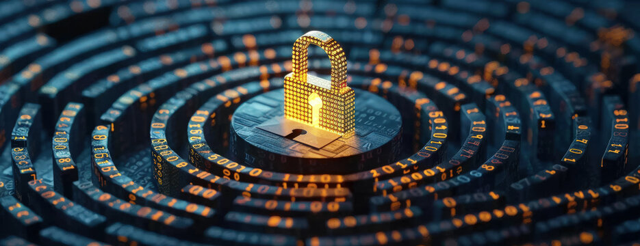Candado amarillo entre redes y circuitos de internet iluminados. Concepto de seguridad virtual y privacidad online