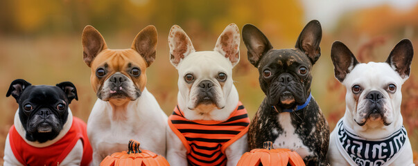 Adorable group of French Bulldogs dressed in cute outfits sitting with pumpkins in an autumn setting. Perfect for Halloween or fall themes.
