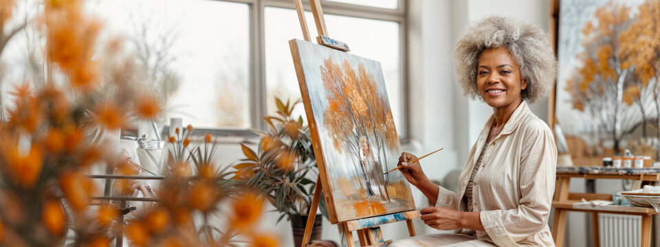 Woman artist in workshop painting landscape on canvas. Art studio of young black female. Student in class with easel, brush, autumn picture on canvas. Creative hobby. Happy african Girl paint artwork