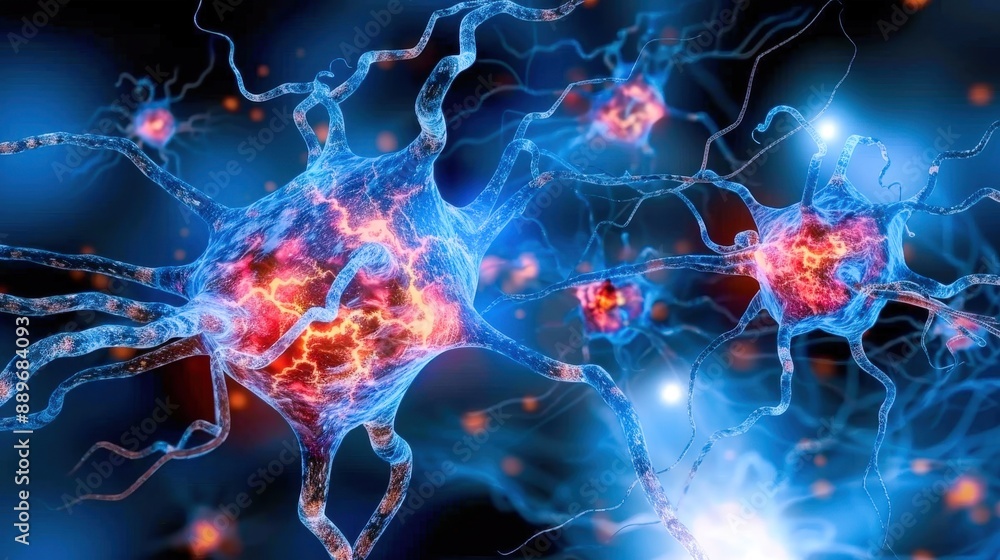 Poster futuristic illustration of glowing neural networks with vibrant colors, representing the concept of 