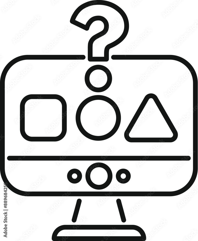 Poster illustration of an online test with multiple choice answers on a computer screen and a question mark