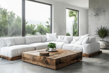 Minimalist style home interior design of modern living room. White corner sofa and rustic wooden coffee table against floor to ceiling window, Generative AI