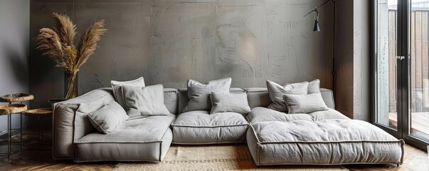 Gray corner comfortable sofa in room with concrete walls. Minimalist style interior design of modern living room. Generative AI