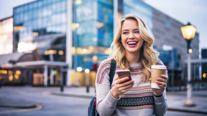 Fototapeta premium A woman smiling while holding a coffee and cell phone, AI
