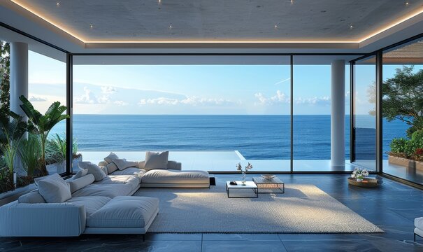 Fototapeta Luxury villa with terrace and floor to ceiling panoramic window with amazing sea view. Interior design of modern living room. Generative AI
