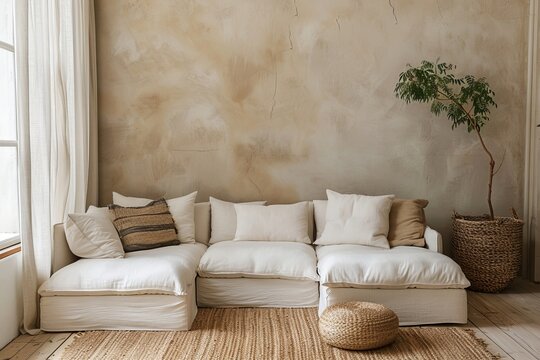 Boho minimalist home interior design of modern living room. Corner sofa in room with beige stucco walls, Generative AI