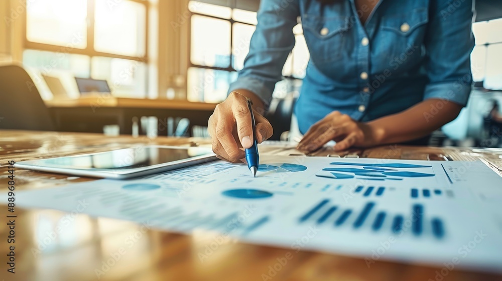 Poster businessperson analyzing statistics and graphs on a table with a tablet during a meeting or presenta