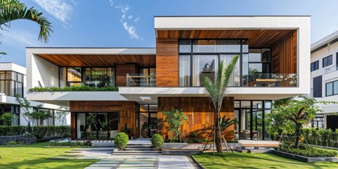 Fototapeta premium Modern luxury minimalist cubic house, villa with wooden cladding and white walls and landscaping design front yard. Residential architecture exterior, Generative AI
