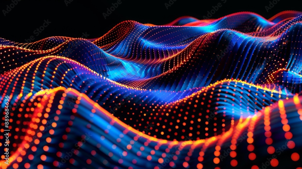 Poster A digital rendering of a blue and orange light wave pattern with a dark background. The light forms into a series of flowing hills and valleys, creating a sense of motion and energy.