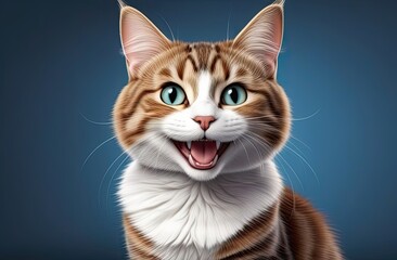 Obraz premium A close-up portrait of a cat with an expressive, smiling face set against a bright blue background.