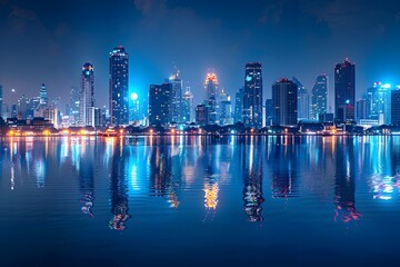 Obraz premium Vibrant Nighttime Cityscape with Illuminated Skyscrapers Reflecting on Water