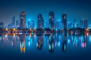 Fototapeta premium Vibrant Night Skyline Reflecting on Tranquil Waters