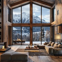 Obraz premium Luxury wooden chalet with fireplace. Interior design of modern living room with mountain view. Generative AI
