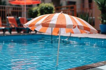 Close up of a stylish orange and white umbrella by a pool capturing a vibrant summer day