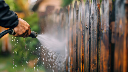 Obraz premium Karcher Pressure Washer Quick Fence Cleaner fence hands dirty