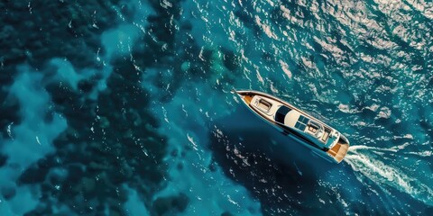 Obraz premium A small boat floating in the middle of a calm lake, suitable for editorial use or as a background image