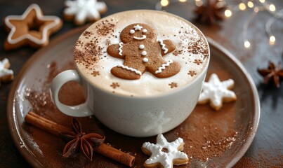 Cup of latte coffee with gingerbread shape art on foam, top view, Generative AI