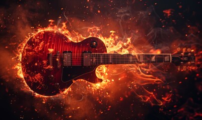 Electric guitar on fire background. Electric guitar on a dark background.	Musical instrument, Generative AI