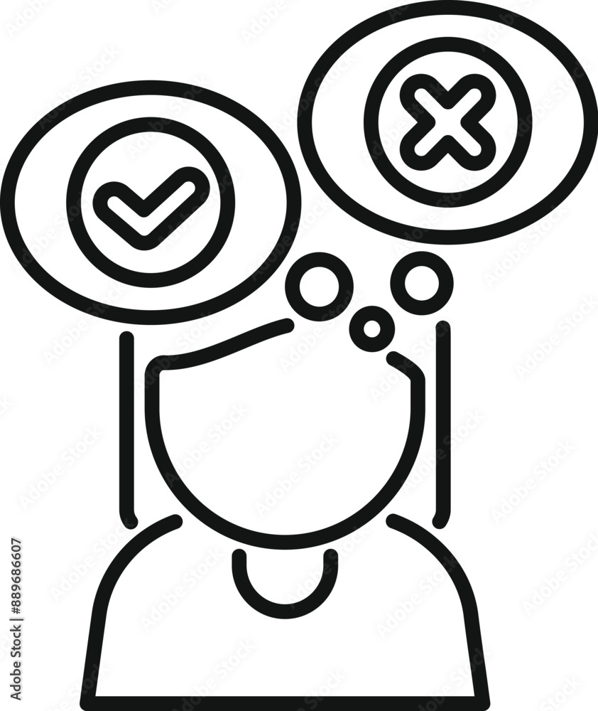 Aufkleber line icon of a person thinking with a checkmark and a cross mark in speech bubbles above their head