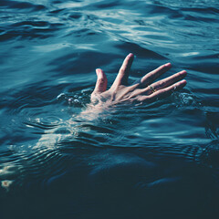 Persons Hand Reaching up From the Deep Blue Ocean, Theatrical Images, Great for Video Clips and Storytelling