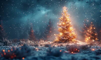 Fantastic winter landscape with christmas tree. 3D rendering. Christmas background with christmas tree, snow and stars. Beautiful christmas night, Generative AI