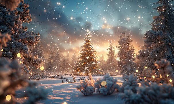 Fantastic winter landscape with christmas tree. 3D rendering. Christmas background with christmas tree, snow and stars. Beautiful christmas night, Generative AI