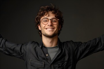 Fototapeta premium Cheerful Young Man with Curly Hair and Glasses Smiling