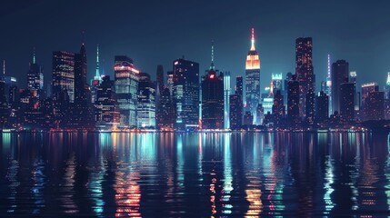 Obraz premium City skyline at night, illuminated buildings