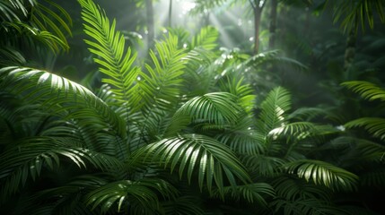 Sunlight filtering through dense green foliage in a lush tropical jungle, creating a serene and captivating natural landscape.
