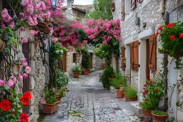 Charming Cobblestone Alleyway Adorned with Vibrant Flowers