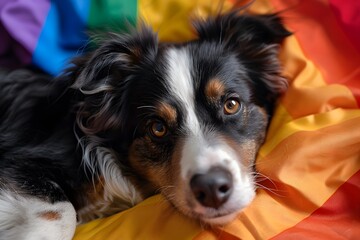 Adorable Dog Resting on a Colorful Rainbow Flag