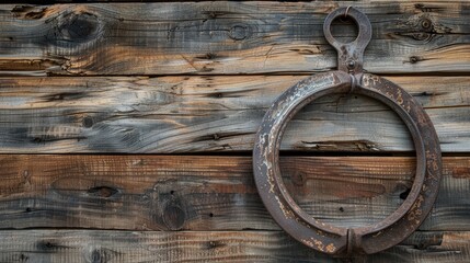 Horseshoe on weathered wood wall blank space