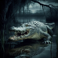 Obraz premium Nighttime Predator: Menacing Alligator Lurking in Moonlit Swamp