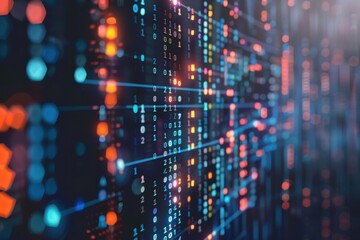 Financial figures displayed on black background with binary code backdrop