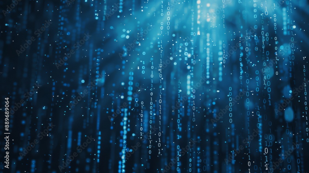 Poster Binary code falls like rain on a dark blue background. The light from the code illuminates the scene.