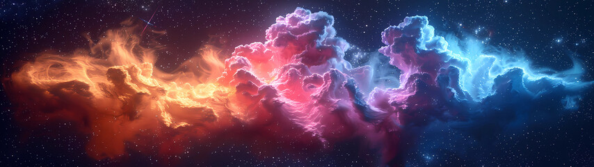 A mesmerizing nebula cloud swirls through the vastness of space, its ethereal tendrils painted in a stunning palette of red, orange, blue, pink, and purple, creating an otherworldly scene