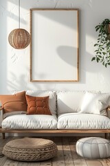 Mockup frame in white simple living room interior background, 3d render, Generative AI
