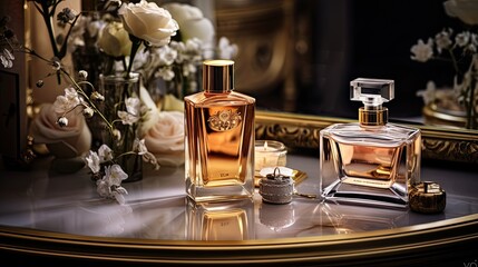 Elegant Perfume Bottles with Flowers on a Table.