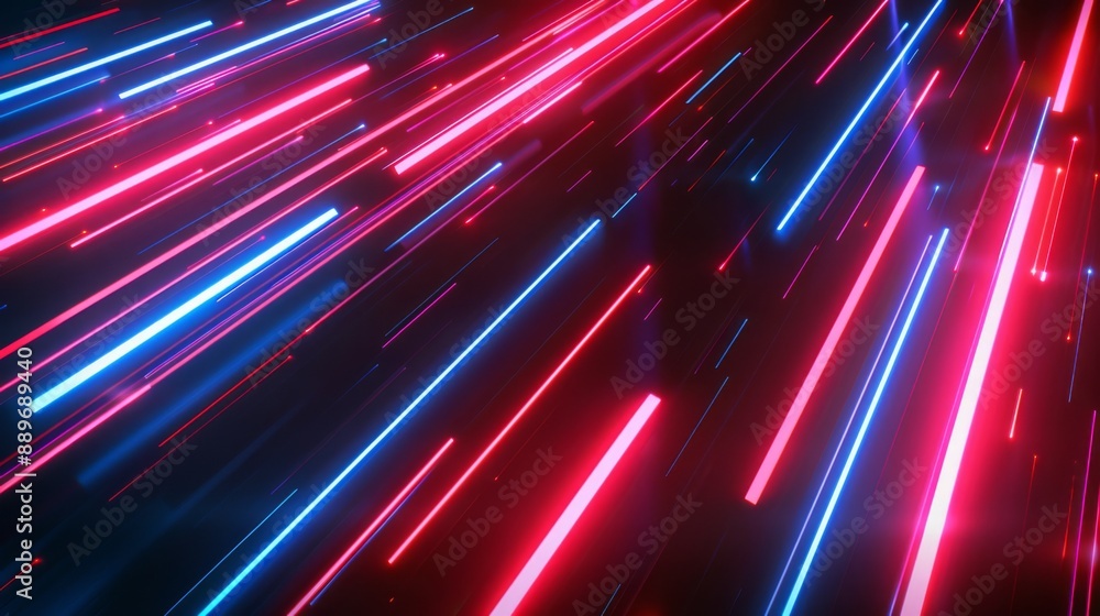 Poster A digital render of red and blue neon light streaks creating a dynamic, abstract background.