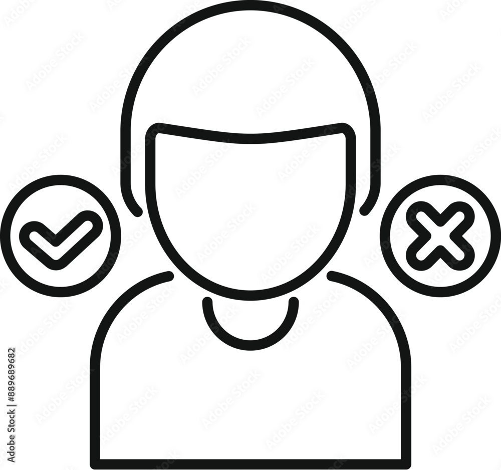 Poster line icon of a person deciding between a check mark and a cross mark, symbolizing a difficult choice