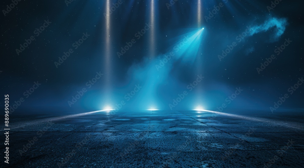 Poster abstract background with three light beams shining down on the asphalt floor, creating an illuminate