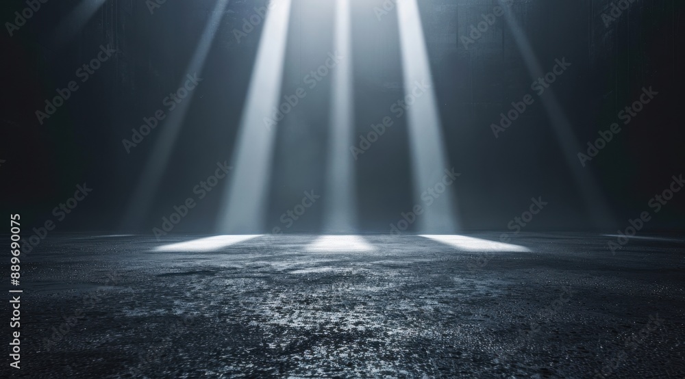 Poster abstract background with three light beams shining down on the asphalt floor, creating an atmosphere