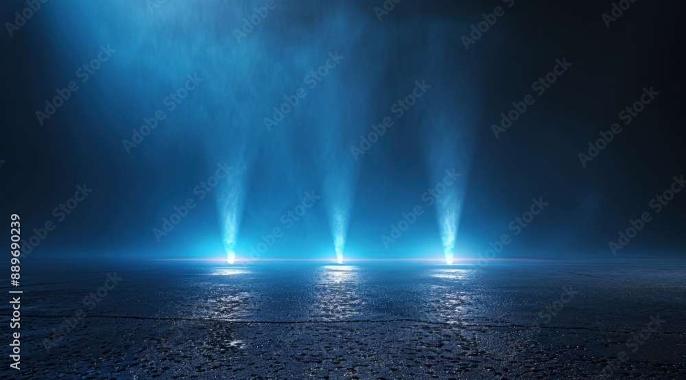 Poster abstract background with three light beams shining down on the asphalt floor, creating an atmosphere