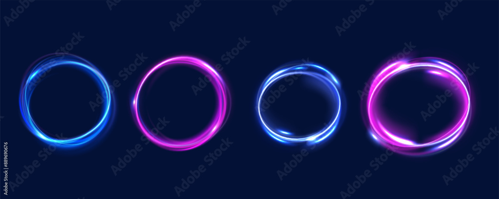 Poster Set of neon blurry light circles at motion . Vector swirl trail effect. Abstract vector fire circles, sparkling swirls and energy light spiral frames.
