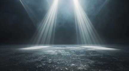 Abstract background with three light beams shining down on the asphalt floor, creating an illuminated scene for product presentation in studio lighting Generative AI